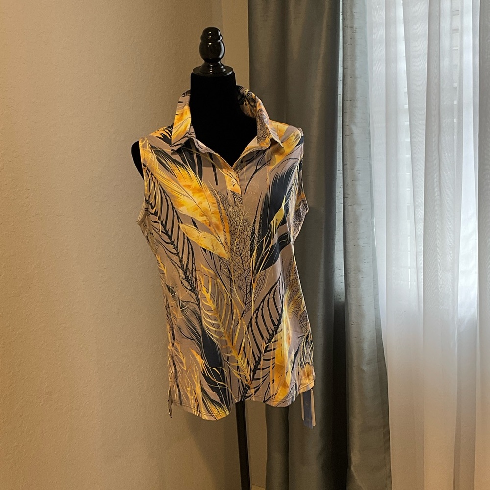 Tropical Leaf Print Sleeveless Blouse